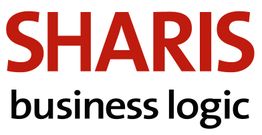 Logo mit rotem Text "SHARIS" und darunter schwarzem Text "business logic".