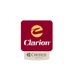 Clarion Hotels logo with red background, yellow emblem, linked to Choice Hotels.