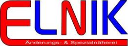 Text-Logo "ELNIK" in Rot und Blau, darunter "Änderungs- & Spezialnäherei" in Rot auf weißem Hintergrund.