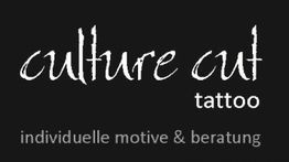 Schwarzer Hintergrund mit "culture cut tattoo" in Weiß, darunter "individuelle motive & beratung".