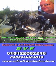 Schrott und Altmetall-Entsorgungswerbung mit Kontaktdetails und kleinem Bild einer Person.