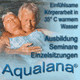Zwei Menschen entspannt im Wasser mit Text: Aqualana, einfühlsame Körperarbeit, Ausbildung, Seminare.