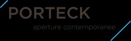 Logo con scritta "PORTECK" e "aperture contemporanee" su sfondo nero con linee diagonali blu.