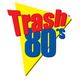 Logo retrô com texto "Trash 80's" em vermelho e azul sobre um triângulo amarelo.