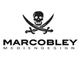 Logo mit Totenkopf und Schwertern, darunter steht "MARCOBLEY MEDIENDESIGN".