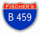 Blaues Verkehrsschild mit der Aufschrift "FISCHER'S B 459" in Weiß auf rotem und blauem Hintergrund.
