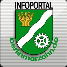 Wappen von Berlin Marzahn mit Ähre, Fluss und Zahnrad, Text: "Infoportal berlinmarzahn.de".