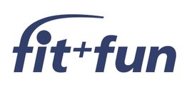 Logo mit blauem Text "fit+fun" auf weißem Hintergrund.