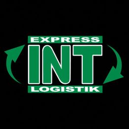 Logo mit grünem "INT" und Pfeilen, Text "EXPRESS LOGISTIK" auf schwarzem Hintergrund.