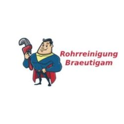 Cartoon-Klempner mit Rohrzange, daneben der Text "Rohrreinigung Braeutigam".