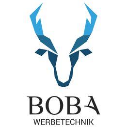 Logo mit blauem Hirschkopf und Schriftzug "BOBA Werbetechnik" darunter.