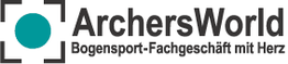 Logo: ArchersWorld, Bogensport-Fachgeschäft mit Herz, mit grünem Kreis und eckigem Rahmen.