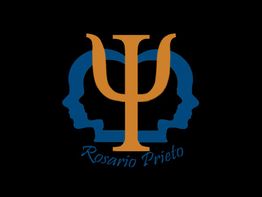 Símbolo de psicología en naranja con dos perfiles azules y el texto "Rosario Prieto".