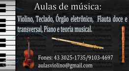Anúncio de aulas de música com imagens de flauta, violino e teclado; contato e email fornecidos.