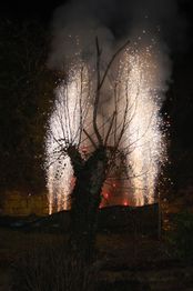 Ein kahler Baum vor sprühenden Feuern und Rauch in der Nacht.