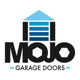 Logo for Mojo Garage Doors with a blue house icon above the name.
