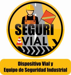 Obrero con casco. Texto: "SEGURI VIAL". Cono de tráfico. "Dispositivo Vial y Seguridad Industrial".