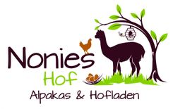 Logo mit Alpaka, Huhn, Baum, Bienenstock. Text: Nonies Hof, Alpakas & Hofladen.