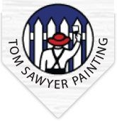 Painter in red hat paints fence; text reads "Tom Sawyer Painting."