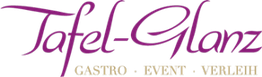 Logo mit Schriftzug "Tafel-Glanz", darunter "Gastro · Event · Verleih" in Gold und Lila.