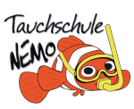 Taucherfisch mit Schnorchel und Brille, Text: "Tauchschule Nemo".