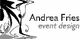 Schwarz-weißes Logo mit der Aufschrift "Andrea Fries event design" und dekorativen Elementen.