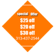 Special offer with discounts: $25, $20, $30 and contact number 313-437-2544 on orange background.