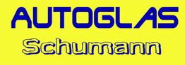 Gelber Hintergrund mit blauem Text: "AUTOGLAS Schumann".