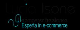 Logo con testo: "Esperta in e-commerce, webmaster freelance". Scritte in blu su fondo nero.