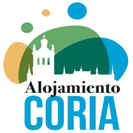 Logotipo de "Alojamiento Coria" con silueta de iglesia y figuras coloridas al fondo.