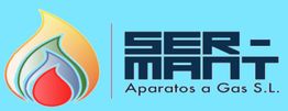 Logotipo de SER-MANT Aparatos a Gas S.L. con diseño de llama multicolor en fondo azul.