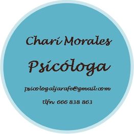 Círculo azul con texto: Chari Morales, Psicóloga, email y teléfono en negro.