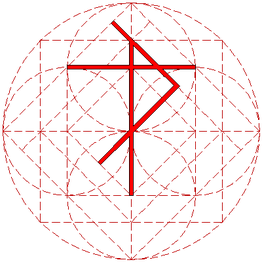 Rotes geometrisches Muster mit Linien und Kreisen auf weißem Hintergrund.