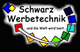 Logo der Schwarz Werbetechnik mit bunten Quadraten und dem Text "und die Welt wird bunt".