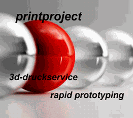 Weiße Kugeln mit einer roten im Vordergrund, Text: "3D-Druckservice, Rapid Prototyping".