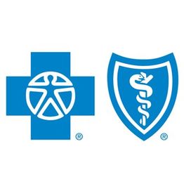 Blue cross and blue shield logos with medical symbols on a white background.