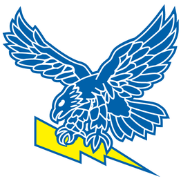 Blue eagle clutching a yellow lightning bolt.
