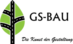 Logo mit grünem Baum und Straßen, Text: GS-BAU, Die Kunst der Gestaltung.