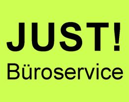Text: „JUST! Büroservice“ in schwarzer Schrift auf hellgrünem Hintergrund.