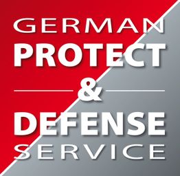 Rotes und graues Logo mit dem Text: "German Protect & Defense Service".