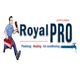 Cartoon plumber with tools beside "Royal PRO" text for plumbing, heating, and air conditioning.