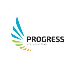 Logo con ala colorata a sinistra e testo "PROGRESS WEB MARKETING" a destra su sfondo bianco.