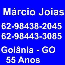 Texto branco em fundo azul com informações de contato: Márcio Joias, Goiânia, GO, 55 anos.