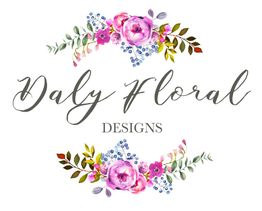 Logo with "Daly Floral Designs" and decorative pink and purple floral accents.
