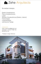 Folleto de servicios arquitectónicos con imagen de un edificio moderno y datos de contacto.