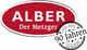 Rotes Logo "ALBER Der Metzger", seit über 90 Jahren Qualität, abgerundetes Emblem.