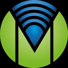 Grünes M mit blauen Wi-Fi-Signalen auf schwarzem Hintergrund.