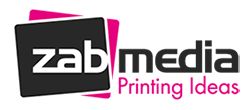 Logo mit Schriftzug: "zab media, Printing Ideas", schwarzer und pinker Hintergrund.