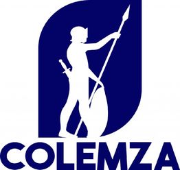 Logo de COLEMZA con silueta de guerrero con lanza y escudo en fondo azul oscuro.