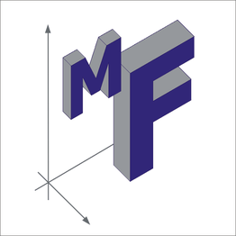 Blaue 3D-Buchstaben "M" und "F" mit Achsen in einem isometrischen Design auf weißem Hintergrund.